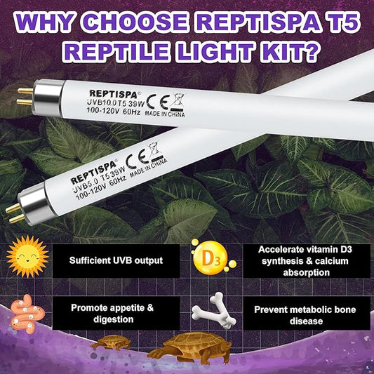 5.0 UVB Light for Reptiles, T5 HO 39 Watt Reptile Lamp Tube, Pack of 2 Fluorescent UVB Bulb, Basking Light for Bearded Dragon, Simulate Natural Sunlight for Reptiles and Amphibians