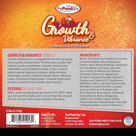 The Pond Guy Growth & Vibrance Fish Food for Show Quality Koi & Goldfish, Premium Protein Floating Pellets for Balanced Nutrition, 5 lbs
