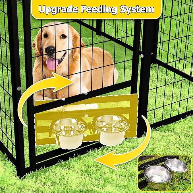 Outdoor Dog Kennel for Large Dogs, Dog Playpen Run Fence House for Yard, Heavy Duty Dog Kennel Outside with Feeding Door & Roof Cover(8'L x 4'W x 6'H)