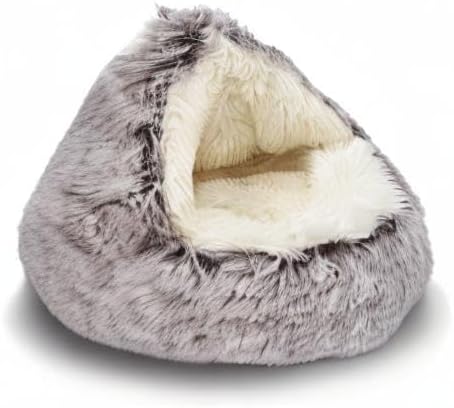 ShinHye Cat Bed Round Plush Fluffy Hooded Cat Bed Cave, Cozy for Indoor Cats or Small Dog beds, Soothing Pet Beds Doughnut Calm Anti-nxiety Dog Bed - Waterproof Bottom Washable, (23×23inch, Coffee)