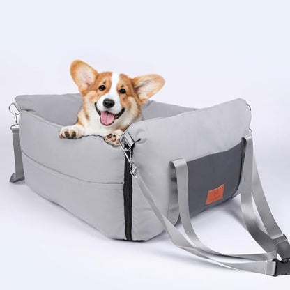 Medium Dog Car Seat for Medium Sized Dogs, Car Seat for Small Dogs with Side Zipper, Waterproof Dog Travel Bed in car with Storage Pockets Up to 25lbs, Memory Foam Filling for Max Support, Light Gray