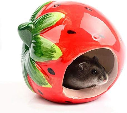 Small Animal Hideout Ceramic Hamster House Chinchilla Mini Hut Cave Cage Accessories for Dwarf Hamsters Gerbils and Hedgehog(Strawberry)