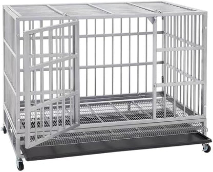 48/42/38 inch Heavy Duty Indestructible and Escape-Proof Dog Crate Cage Kennel for Large Dogs, High Anxiety Dog Crate with Removable Wire Trays and Wheels, Extra Large XL XXL