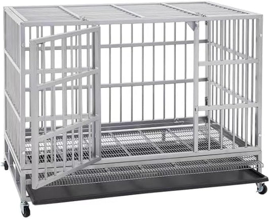 48/42/38 inch Heavy Duty Indestructible and Escape-Proof Dog Crate Cage Kennel for Large Dogs, High Anxiety Dog Crate with Removable Wire Trays and Wheels, Extra Large XL XXL