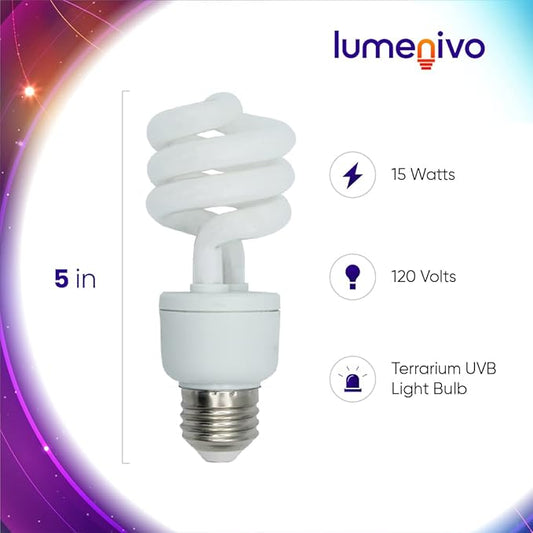 lumenivo 15 Watt UVB Reptile Light 5.0 15W Spiral Reptile Heat Terrarium Light Bulbs for Turtles, Gecko, Tortoise, Snake, Lizard, Chameleons, and Insects - 120V - 5 Pack