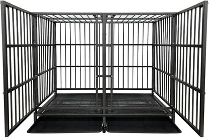 54 Heavy Duty Indestructible and Escape-Proof Dog Crate Cage Kennel with Divider for 2 Large Dogs, High Anxiety Dog Crate with Removable Wires Trays and Wheels, Extra Large XL XXL