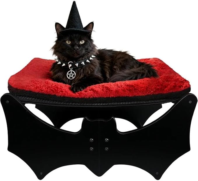 Halloween Gothic Cat Bed with Bat Design, Wooden Elevated Cat Beds with Sisal Scratching Mat, Cats Scratcher Bed with Removable Fluffy Cushion, Raised Pet Bed for Large Cats, 22" L x 17.7" W, Black