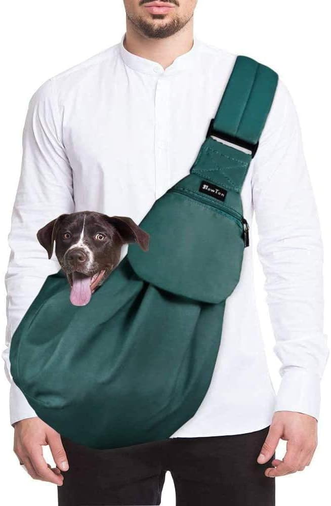 Lukovee Pet Sling, Hand Free Dog Sling Carrier Adjustable Padded Strap Tote Bag Breathable Cotton Shoulder Bag Front Pocket Safety Belt Carrying Small Dog Cat Puppy Machine Washable (Green, M)