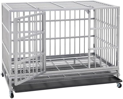 48/42/38 inch Heavy Duty Indestructible and Escape-Proof Dog Crate Cage Kennel for Large Dogs, High Anxiety Dog Crate with Removable Wire Trays and Wheels, Extra Large XL XXL