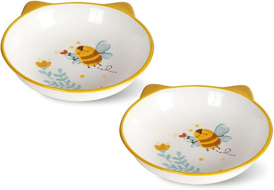 HAPPY KIT 2pcs Wide Shallow Cat Bowls,8.5oz Colorful Plate Set with Non-Slip Mat,5.7 inch Indoor Ceramic Cats Dish/Dishes Relief of Whisker Fatigue - Microwave and Dishwasher Safe