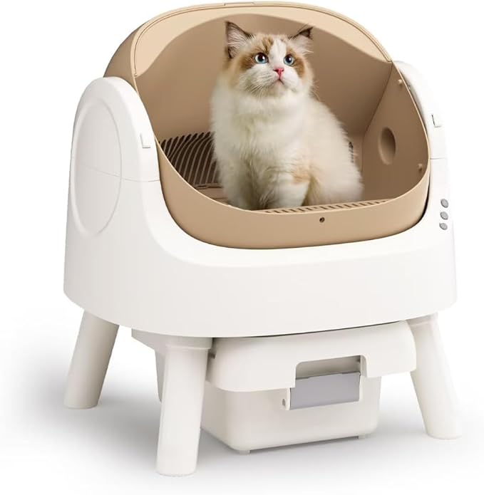 Self-Cleaning Automatic Cat Litter Box, with Open-Top Design, Included Safety Sensor and 10L Large Waste Bin, with Trash Bags and Litter Mat, Coffee Brown
