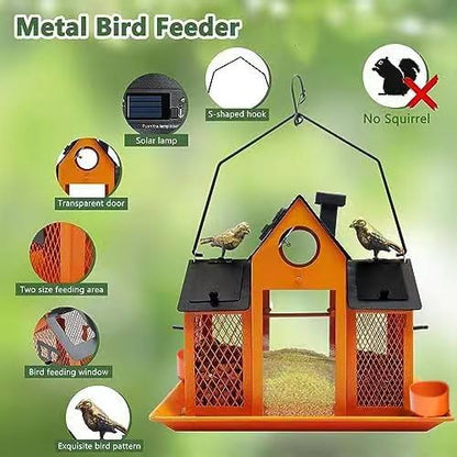 Solar Bird Feeders House for Outside Hanging, Metal Wild Bird Feeder for Outdoors, Large Cardinal Bird Feeder Birdhouses Orange