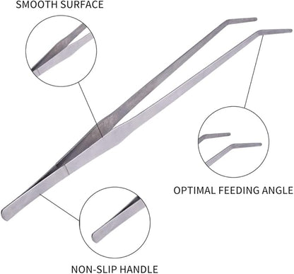 Extra Long Handle Aquarium Tweezers Serving Tongs Feed clamp,2 Pack Stainless Steel Straight and Curved Tweezers Set for Fish Tank Plants Reptile Feeding Tongs（15 Inchs）