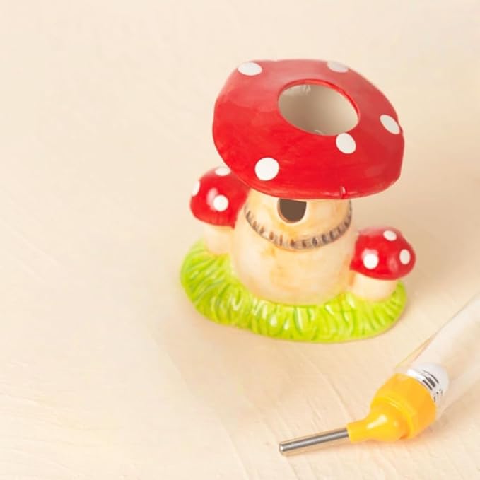 Ceramic Hamster Water Bottle with Stand & 80ML Water Bottle, Water Dispenser for Small Animal, Water Bottle Holder Auto Water Feeding Bottles for Syrian Dwarf Hamster Mice Gerbil (Mushroom Shape, Red)