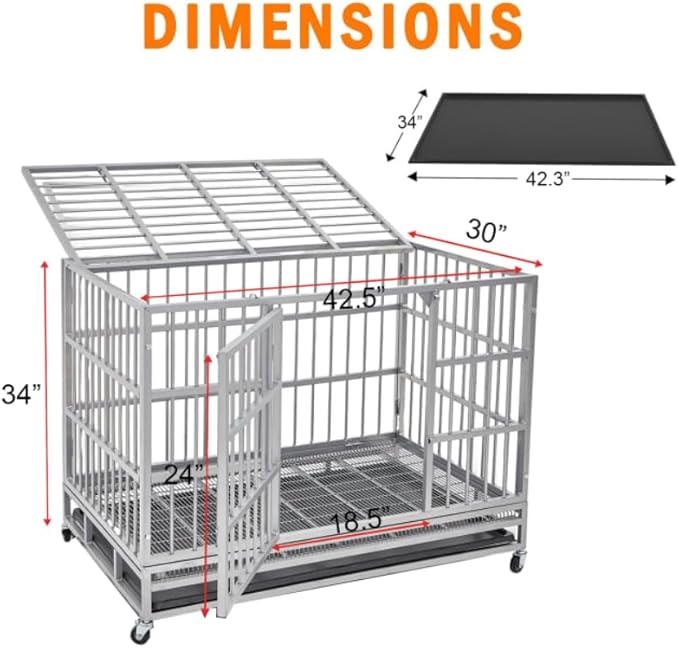 48/42/38 inch Heavy Duty Indestructible and Escape-Proof Dog Crate Cage Kennel for Large Dogs, High Anxiety Dog Crate with Removable Wire Trays and Wheels, Extra Large XL XXL