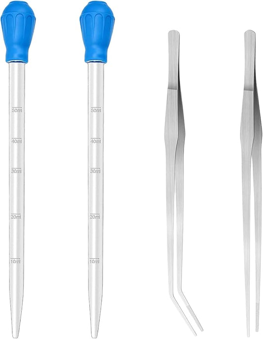 2 Piece Aquarium Coral Feeder with 2 Piece Stainless Steel Feeding Long Tweezers Syringe Spot Coral Feeder Reptile Feeding Tools for Aquatic Plant Reef Anemones Lionfish (Blue, Silvery)