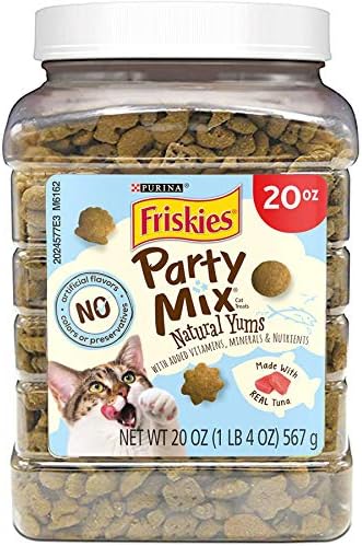 Purina Friskies Natural Cat Treats, Party Mix Natural Yums With Wild Caught Tuna and Added Vitamins, Minerals and Nutrients - 20 oz. Canister