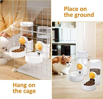 Pet Feeder Waterer Hanging Dog Cat Food Water Dispenser, Automatic Gravity Feeder Waterer Set for Cage Pets, Travel Food Water Bowl Rabbit Feeder for Ferret Small and Medium Animals, White