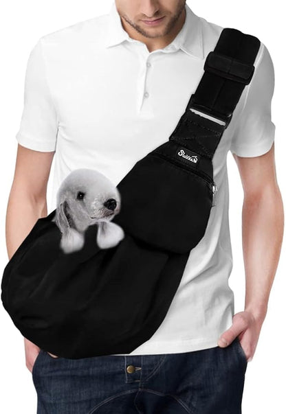 Lukovee Pet Sling, Hand Free Dog Sling Carrier Adjustable Padded Strap Tote Bag Breathable Cotton Shoulder Bag Front Pocket Safety Belt Carrying Small Dog Cat Puppy Machine Washable (BN, L)