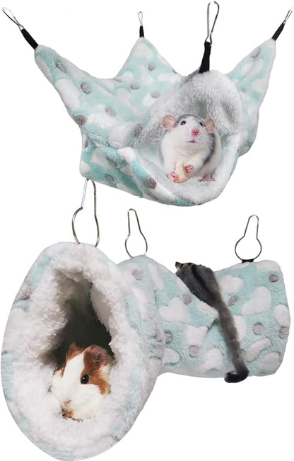 LEFTSTARER Guinea Pig Ferret Rat Hammock Toy Small Animal Cage Accessories Hideout Tunnel & Bunkbed Hammock for Rat Ferret Guinea Pig Hamster Sugar Glider Chinchilla (Hammock Set Heart-Green)