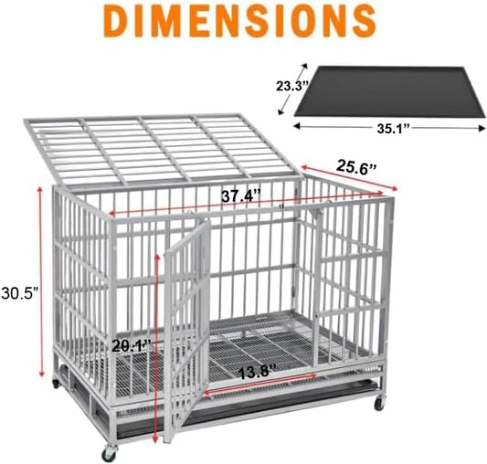 48/42/38 inch Heavy Duty Indestructible and Escape-Proof Dog Crate Cage Kennel for Large Dogs, High Anxiety Dog Crate with Removable Wire Trays and Wheels, Extra Large XL XXL