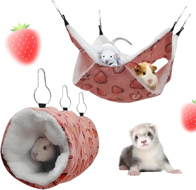 Rat Ferret Hammock Toys Cage Accessories, Guinea Pig Hideout Tunnel, Warm Bed for Rat Ferret Guinea Pig Sleep Hide and Play (2.Hammock+Tunnel)