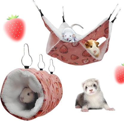Rat Ferret Hammock Toys Cage Accessories, Guinea Pig Hideout Tunnel, Warm Bed for Rat Ferret Guinea Pig Sleep Hide and Play (2.Hammock+Tunnel)