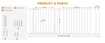 Extra Wide Baby Gate Extra Tall Dog Gate for Stairs Doorways White Metal Tension Child Pet Safety Gates with Pressure Mount 62-67 Inch (White)