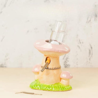 Ceramic Hamster Water Bottle with Stand & 80ML Water Bottle, Water Dispenser for Small Animal, Water Bottle Holder Auto Water Feeding Bottles for Syrian Dwarf Hamster Mice Gerbil (Mushroom Shape, Red)