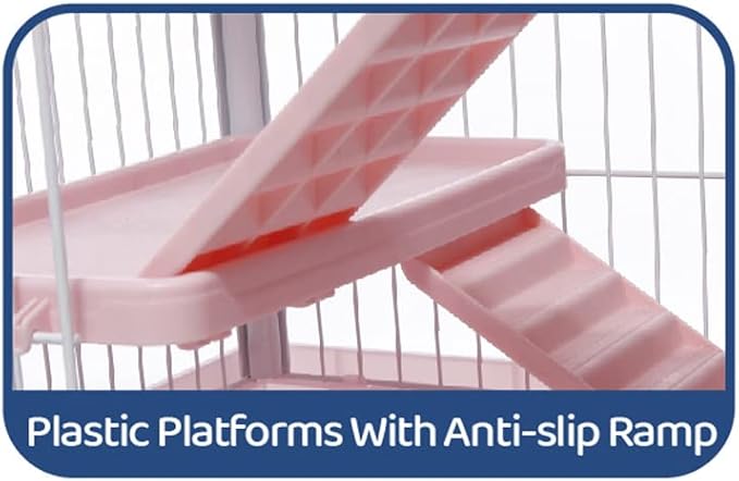 X-Large Pink Deluxe Muli-Level Indoor Rabbit Hutch Cage for Ferret Squirrel Chinchilla Solid Platform Ramp Paw Safe Mesh Floor Pull Out Leakproof Easy Clean 2-Inch Deep Tray Lockable Casters