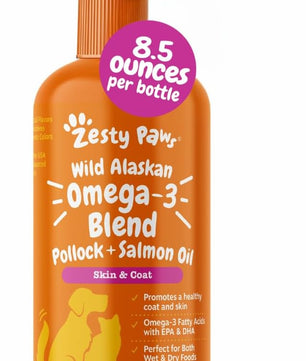 Zesty Paws Wild Alaskan Omega-3 Blend Pollock + Salmon Oil for Dogs and Cats- Skin and Coat Support, Omega 3 Supplement for Pets, 8.5oz