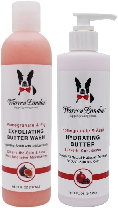 Warren London 8oz Butter Combo - Premium Dog Shampoo & Conditioner - Exfoliating Wash with Fragrant Leave in Conditioner - Pom & Fig w/Pom & Acai