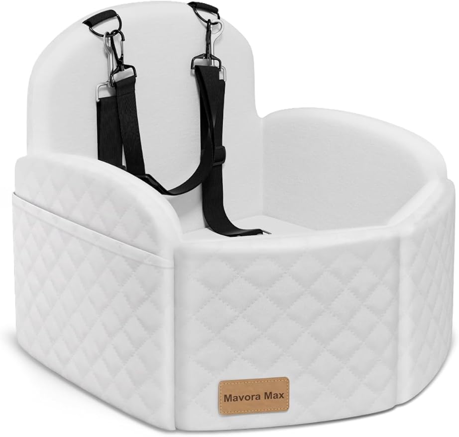 (Up to 35lbs Small/Medium Dog Car Seat Booster Dog Seat for Car Portable with Adjustable Seatbelts Puppy Travel Carrier for SUV,Truck, with Memory Foam Cushion(White)