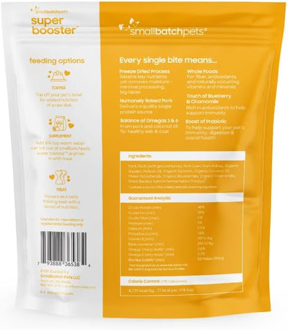 smallbatch Freeze Dried Dog Treats, Superfood Food Topper Pork Bites for Dogs & Cats, Probiotics, Organic Ingredients, High Protein, Grain Free Healthy Treat & Food Topper, Made in The USA, 7 oz Bag