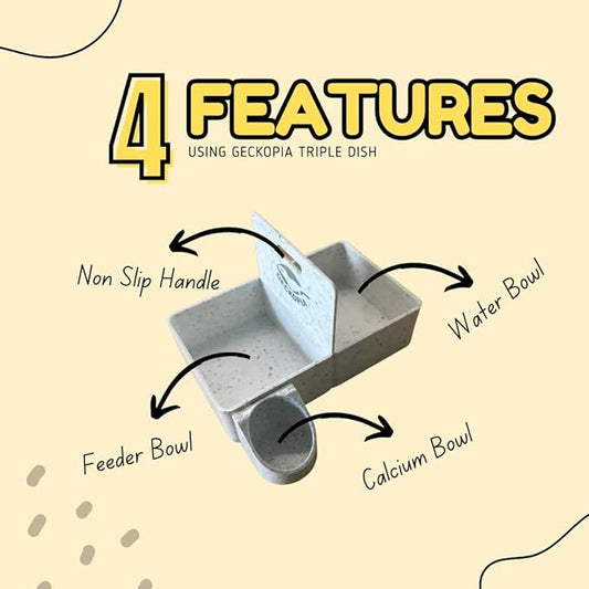 Geckopia Triple Dish 3.0 | 3 in 1 Reptile Bowl | Gecko & Reptile Calcium & Water Food Bowl | Mealworm Dish in BioPlastic | Wood