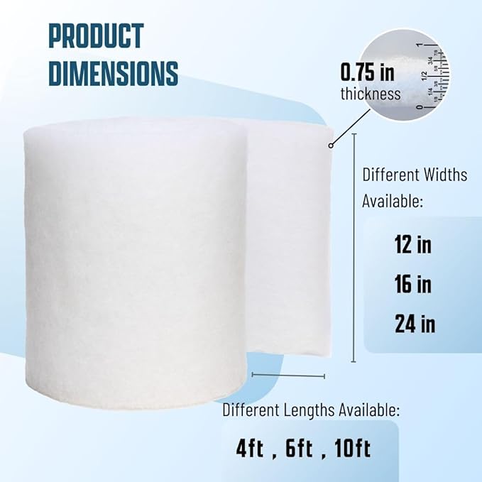 Premium Aquarium Filter Media Pad - Cut-to-Fit Roll, Fresh and Saltwater Safe, Blue & Dye-Free Options, Made in USA (Dye Free, 12"x96" (8 ft) x 0.75")