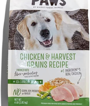 Whole Paws, Dry Dog Food, Chicken & Harvest Grains Recipe, Enhanced with Fiber & Prebiotics, 4 lb