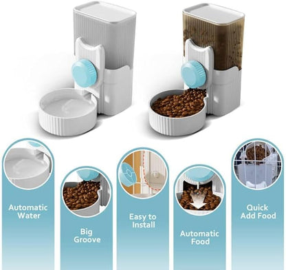 Hanging Cage Automatic Small Pet Food Bowl Water Bottle Dispenser, 1L Auto Gravity Pet Feeder and Waterer Set Kennel Feeding Station Crate Feeder Dish for Rabbit Puppy Cats Ferret (Blue)