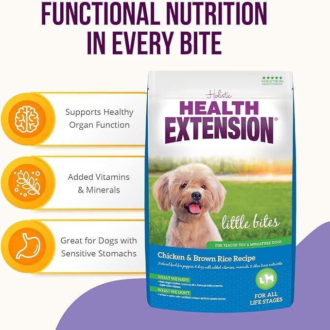 Health Extension Little Bites Dry Dog Food for Small Breeds, Chicken & Brown Rice Recipe, with Probiotics & Superfoods for Digestion & Coat Health, 1 lb Bag (Pack of 4)