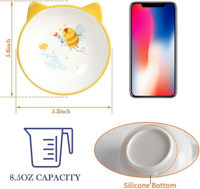 HAPPY KIT 2pcs Wide Shallow Cat Bowls,8.5oz Colorful Plate Set with Non-Slip Mat,5.7 inch Indoor Ceramic Cats Dish/Dishes Relief of Whisker Fatigue - Microwave and Dishwasher Safe