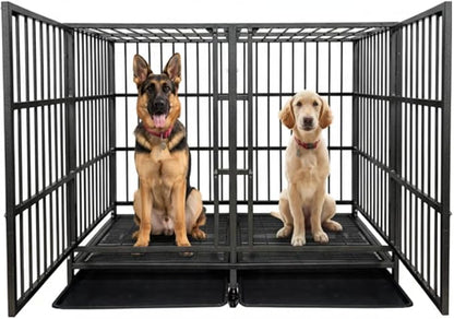 54 Heavy Duty Indestructible and Escape-Proof Dog Crate Cage Kennel with Divider for 2 Large Dogs, High Anxiety Dog Crate with Removable Wires Trays and Wheels, Extra Large XL XXL