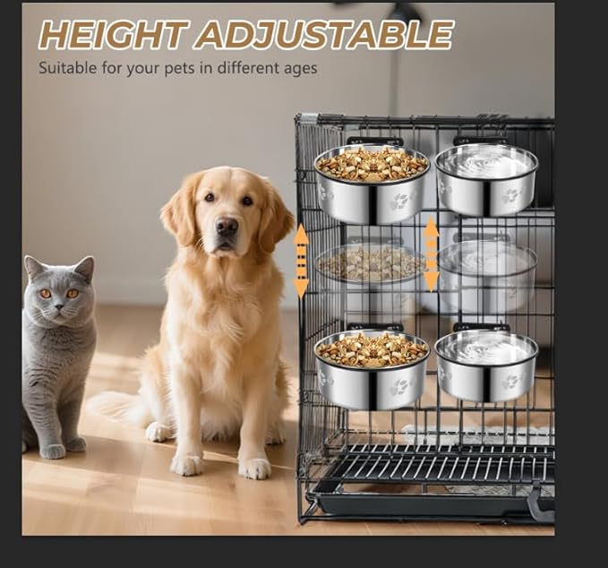 2-in-1 Dog Crate Water Food Bowl No Spill,2 Pack Hanging Dog Bowls for Kennel,Dogs Crate Water Feeder Dish,Stainless Steel Kennel Dogs Bowls Mountable with Non-Slip Bottom for Cats Bunny Ferret Bird
