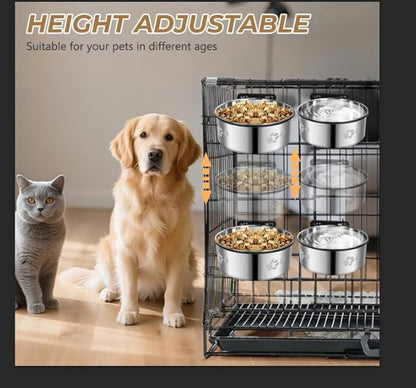 2-in-1 Dog Crate Water Food Bowl No Spill,2 Pack Hanging Dog Bowls for Kennel,Dogs Crate Water Feeder Dish,Stainless Steel Kennel Dogs Bowls Mountable with Non-Slip Bottom for Cats Bunny Ferret Bird