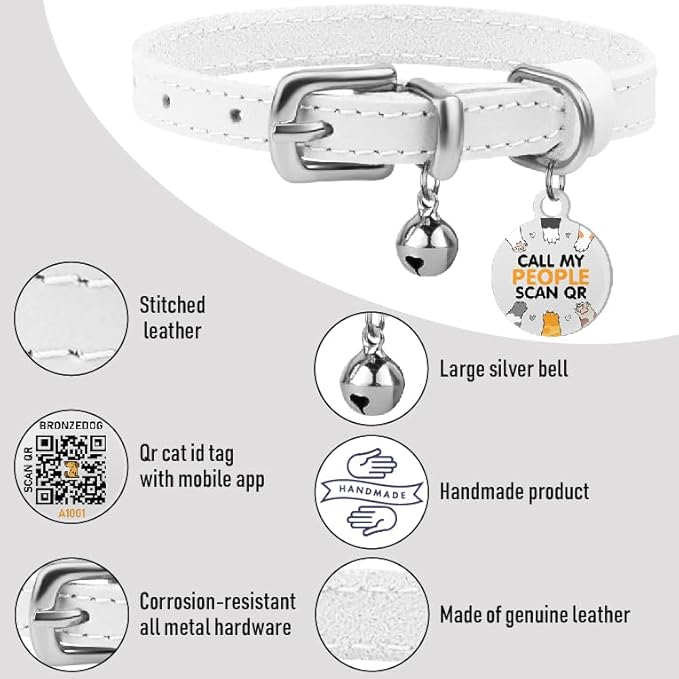 BRONZEDOG Leather Cat Collar with Removable Bells Non Breakaway Kitten QR Tag for Girl Boy (9" - 12" Cats/Mini Dogs, White & Silver)