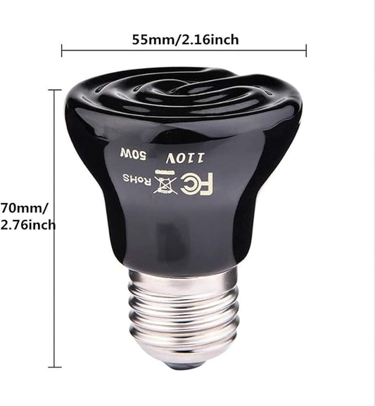 2-Packs 50W Black Ceramic Heat Lamp Mini Reptile Heat Lamp Bulbs E26/E27 Infrared Reptile Heat Emitter Heater Lamp Bulb No Light Lamps for Lizard Brooder Coop Aquarium Habitat Lizard Turtle
