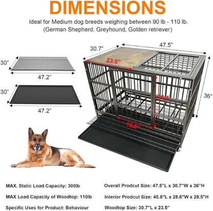 48" Furniture Dog Crate for Large Dogs, Heavy Duty Dog Kennel Indoor with Removable Crate Trays, Wheels and Stylish Wooden Top, Extra Large XL XXL Dog Cage