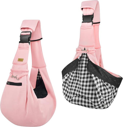 CUBY Dog and Cat Sling Carrier - Hands Free Reversible Pet Papoose Bag - Soft Pouch and Tote Design - Suitable for Puppy, Small Dogs Cats Outdoor (Pink Senior, Adjust Strap 2.0)