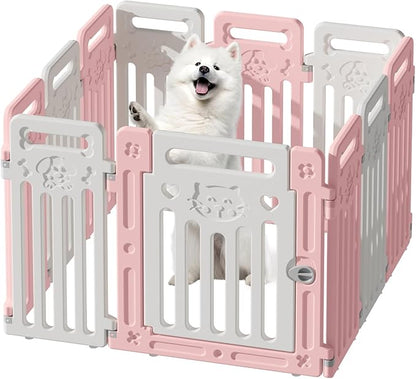 Dog Playpen Clear Fence Pet Puppy Cat Small Play Pen Indoor Foldable Kennel Whelping Box for Dogs with Gate (Pink + White, 10 Panels+1 Door)