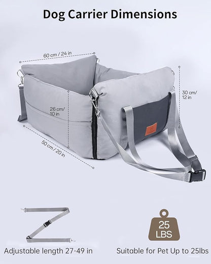 Medium Dog Car Seat for Medium Sized Dogs, Car Seat for Small Dogs with Side Zipper, Waterproof Dog Travel Bed in car with Storage Pockets Up to 25lbs, Memory Foam Filling for Max Support, Light Gray