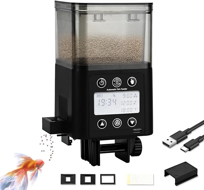 Automatic Fish Feeder for Aquarium with Timer, LCD Display 320ML Large Capacity Adjustable Fish Dispenser, Operated Feeders for Goldfish, Turtle for Vacation, Weekend or Daily Use(Black)